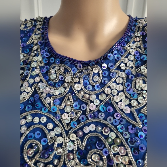Brilliante By JA Blue & Silver Beaded Sequin Cocktail Dress - Size S - Picture 4 of 8